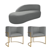 Kit Divã Luna 185cm Lado Esquerdo e 02 Poltronas Base de Ferro Dourado Suede Cinza