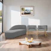 Kit Divã Luna 185cm Lado Esquerdo e 02 Poltronas Base de Ferro Dourado Suede Cinza