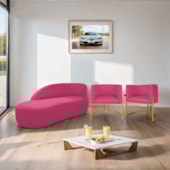 Kit Divã Luna 185cm Lado Esquerdo e 02 Poltronas Base de Ferro Dourado Suede Pink