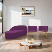 Kit Divã Luna 185cm Lado Esquerdo e 02 Poltronas Base de Ferro Dourado Suede Roxo