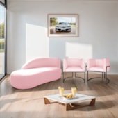 Kit Divã Luna 185cm Lado Esquerdo e 02 Poltronas Base de Ferro Preto Suede Rosa Bebe
