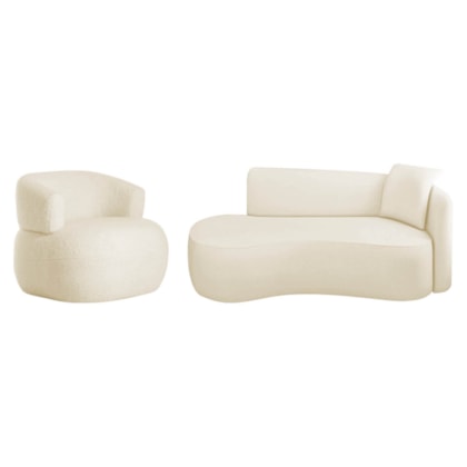 Kit Divã Recamier 150cm e Poltrona Luxo Suíça Lado Esquerdo Bouclé Bege