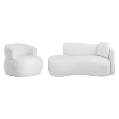 Kit Divã Recamier 150cm e Poltrona Luxo Suíça Lado Esquerdo Bouclé Branco