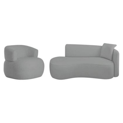 Kit Divã Recamier 150cm e Poltrona Luxo Suíça Lado Esquerdo Bouclé Cinza
