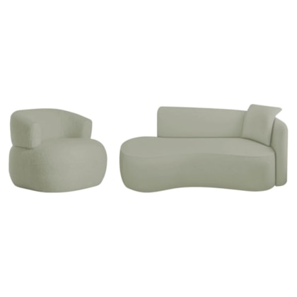 Kit Divã Recamier 150cm e Poltrona Luxo Suíça Lado Esquerdo Bouclé Verde Oliva