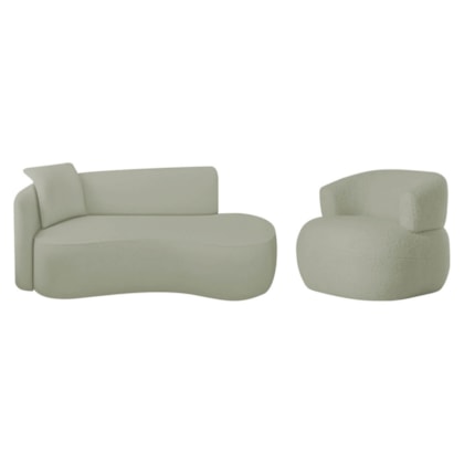 Kit Divã Recamier 180cm e Poltrona Luxo Suíça Lado Direito Bouclé Verde Oliva