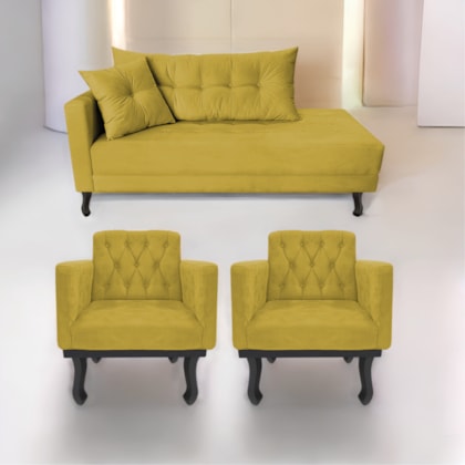 Kit Diva Recamier Azura 140cm Lado Direito e 02 Poltronas Classic Suede Amarelo - Amarena Móveis