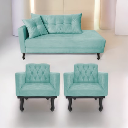 Kit Diva Recamier Azura 140cm Lado Direito e 02 Poltronas Classic Suede Azul Tiffany - Amarena Móveis