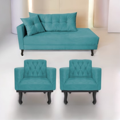 Kit Diva Recamier Azura 140cm Lado Direito e 02 Poltronas Classic Suede Azul Turquesa - Amarena Móveis