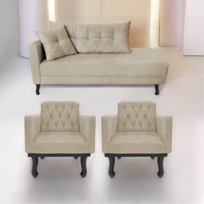 Kit Diva Recamier Azura 140cm Lado Direito e 02 Poltronas Classic Suede Bege - Amarena Móveis