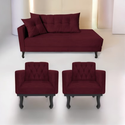 Kit Diva Recamier Azura 140cm Lado Direito e 02 Poltronas Classic Suede Bordô - Amarena Móveis
