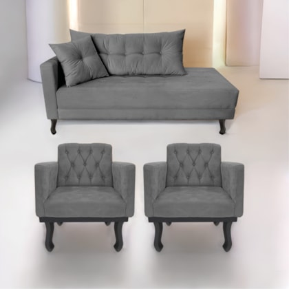 Kit Diva Recamier Azura 140cm Lado Direito e 02 Poltronas Classic Suede Cinza - Amarena Móveis