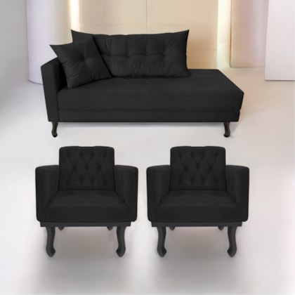 Kit Diva Recamier Azura 140cm Lado Direito e 02 Poltronas Classic Suede Preto - Amarena Móveis