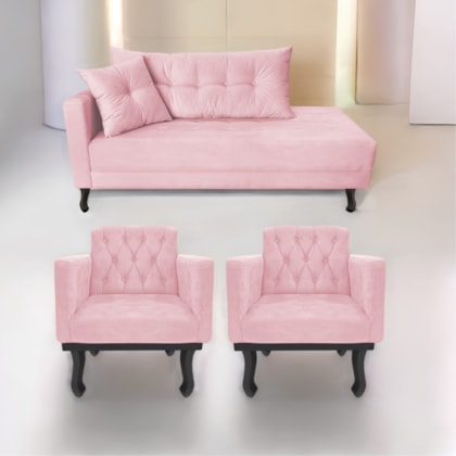 Kit Diva Recamier Azura 140cm Lado Direito e 02 Poltronas Classic Suede Rosa Bebê - Amarena Móveis