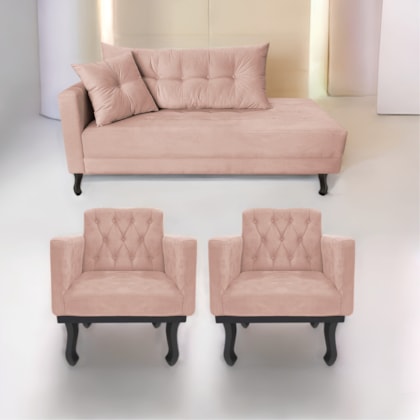 Kit Diva Recamier Azura 140cm Lado Direito e 02 Poltronas Classic Suede Rosê - Amarena Móveis