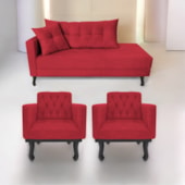 Kit Diva Recamier Azura 140cm Lado Direito e 02 Poltronas Classic Suede Vermelho - Amarena Móveis