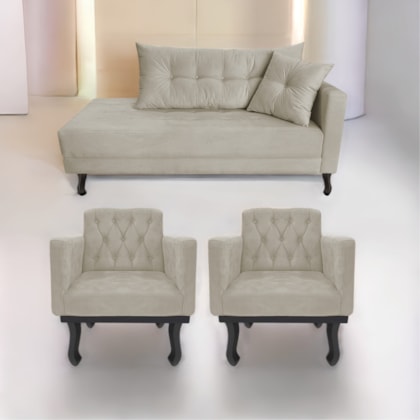 Kit Diva Recamier Azura 140cm Lado Esquerdo e 02 Poltronas Classic Linho Bege - Amarena Móveis
