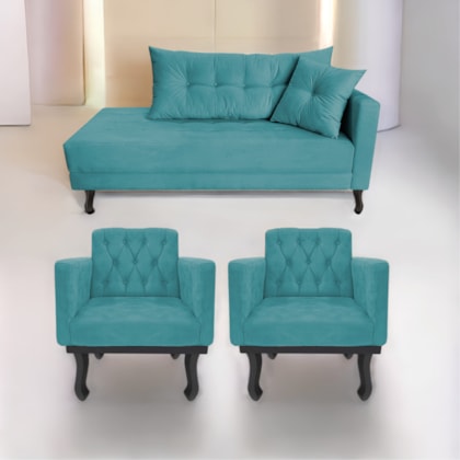 Kit Diva Recamier Azura 140cm Lado Esquerdo e 02 Poltronas Classic Suede Azul Turquesa - Amarena Móveis