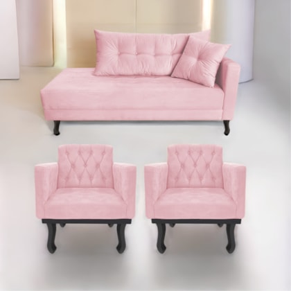 Kit Diva Recamier Azura 140cm Lado Esquerdo e 02 Poltronas Classic Suede Rosa Bebê - Amarena Móveis