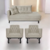 Kit Diva Recamier Azura 160cm Lado Direito e 02 Poltronas Classic Linho Bege - Amarena Móveis