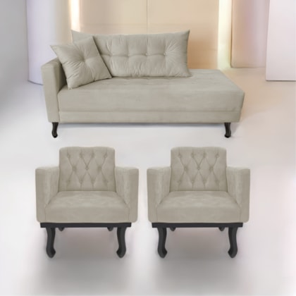 Kit Diva Recamier Azura 160cm Lado Esquerdo e 02 Poltronas Classic Linho Bege - Amarena Móveis