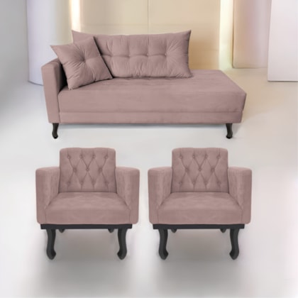 Kit Diva Recamier Azura 160cm Lado Esquerdo e 02 Poltronas Classic Linho Rosê - Amarena Móveis