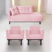 Kit Diva Recamier Azura 160cm Lado Direito e 02 Poltronas Classic Suede Rosa Bebê - Amarena Móveis