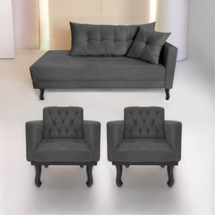 Kit Diva Recamier Azura 160cm Lado Direito e 02 Poltronas Classic Linho Cinza Escuro - Amarena Móveis