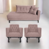 Kit Diva Recamier Azura 160cm Lado Esquerdo e 02 Poltronas Classic Linho Rosê - Amarena Móveis