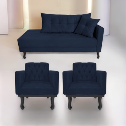 Kit Diva Recamier Azura 185cm Lado Esquerdo e 02 Poltronas Classic Suede Azul Marinho - Amarena Móveis