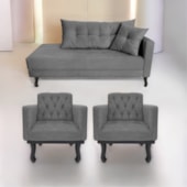 Kit Diva Recamier Azura 185cm Lado Esquerdo e 02 Poltronas Classic Suede Cinza - Amarena Móveis