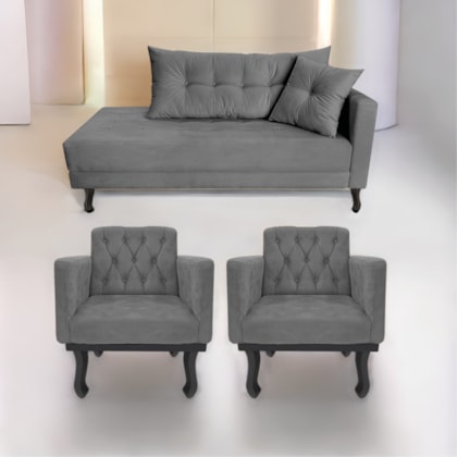 Kit Diva Recamier Azura 185cm Lado Esquerdo e 02 Poltronas Classic Suede Cinza - Amarena Móveis