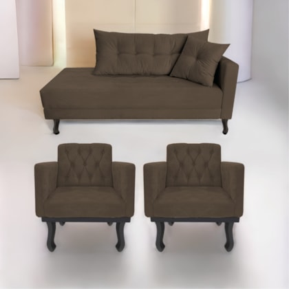 Kit Diva Recamier Azura 185cm Lado Esquerdo e 02 Poltronas Classic Suede Marrom - Amarena Móveis