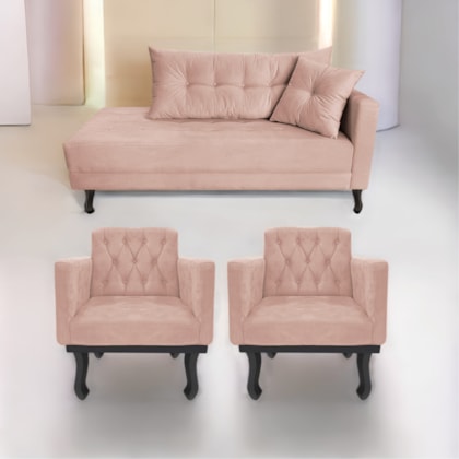 Kit Diva Recamier Azura 185cm Lado Esquerdo e 02 Poltronas Classic Suede Rosê - Amarena Móveis
