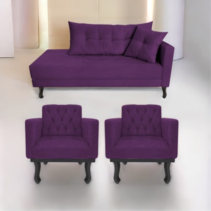 Kit Diva Recamier Azura 185cm Lado Esquerdo e 02 Poltronas Classic Suede Roxo - Amarena Móveis