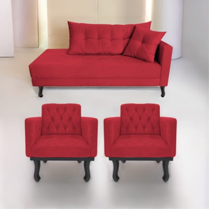 Kit Diva Recamier Azura 185cm Lado Esquerdo e 02 Poltronas Classic Suede Vermelho - Amarena Móveis