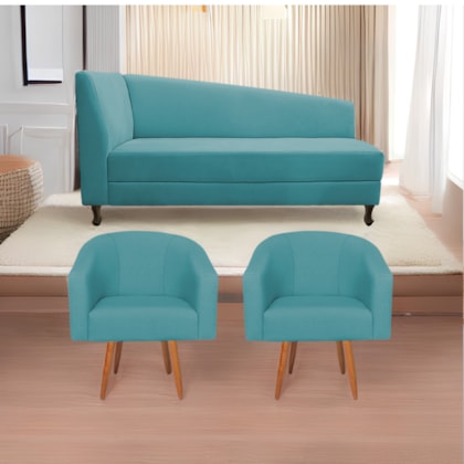 Kit Diva Recamier Heitor 140cm Lado Direito e 02 Poltronas Luiza Suede Azul Turquesa - Amarena Móveis