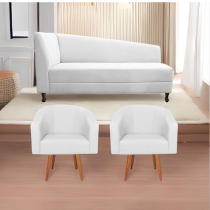 Kit Diva Recamier Heitor 140cm Lado Direito e 02 Poltronas Luiza Suede Branco - Amarena Móveis