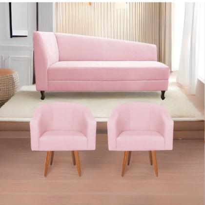 Kit Diva Recamier Heitor 140cm Lado Direito e 02 Poltronas Luiza Suede Rosa bebê - Amarena Móveis