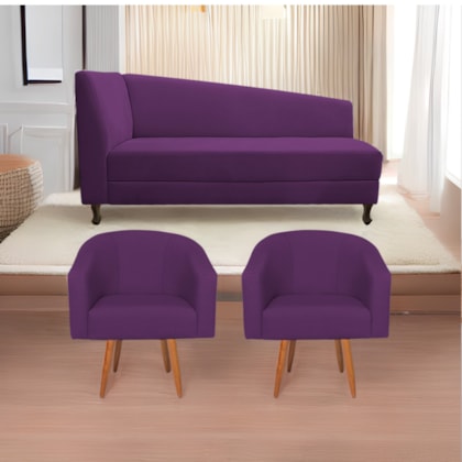 Kit Diva Recamier Heitor 140cm Lado Direito e 02 Poltronas Luiza Suede Roxo - Amarena Móveis