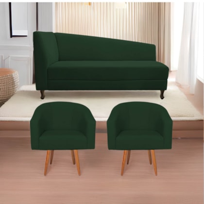 Kit Diva Recamier Heitor 140cm Lado Direito e 02 Poltronas Luiza Suede Verde - Amarena Móveis