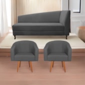 Kit Diva Recamier Heitor 140cm Lado Esquerdo e 02 Poltronas Luiza Linho Cinza Escuro - Amarena Móveis