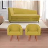 Kit Diva Recamier Heitor 160cm Lado Direito e 02 Poltronas Luiza Suede Amarelo - Amarena Móveis