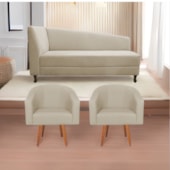 Kit Diva Recamier Heitor 160cm Lado Direito e 02 Poltronas Luiza Suede Bege - Amarena Móveis