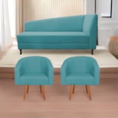 Kit Diva Recamier Heitor 160cm Lado Esquerdo e 02 Poltronas Luiza Suede Azul Turquesa - Amarena Móveis