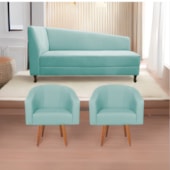Kit Diva Recamier Heitor 185cm Lado Direito e 02 Poltronas Luiza Suede Azul Tiffany - Amarena Móveis