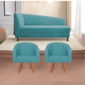 Kit Diva Recamier Heitor 185cm Lado Direito e 02 Poltronas Luiza Suede Azul Turquesa - Amarena Móveis