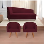 Kit Diva Recamier Heitor 185cm Lado Direito e 02 Poltronas Luiza Suede Bordô - Amarena Móveis