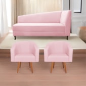 Kit Diva Recamier Heitor 185cm Lado Esquerdo e 02 Poltronas Luiza Suede Rosa bebê - Amarena Móveis