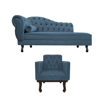 Kit Diva Recamier Juliana 120cm Lado Direito e 1 Poltrona Classic Linho Azul Royal - Amarena Móveis